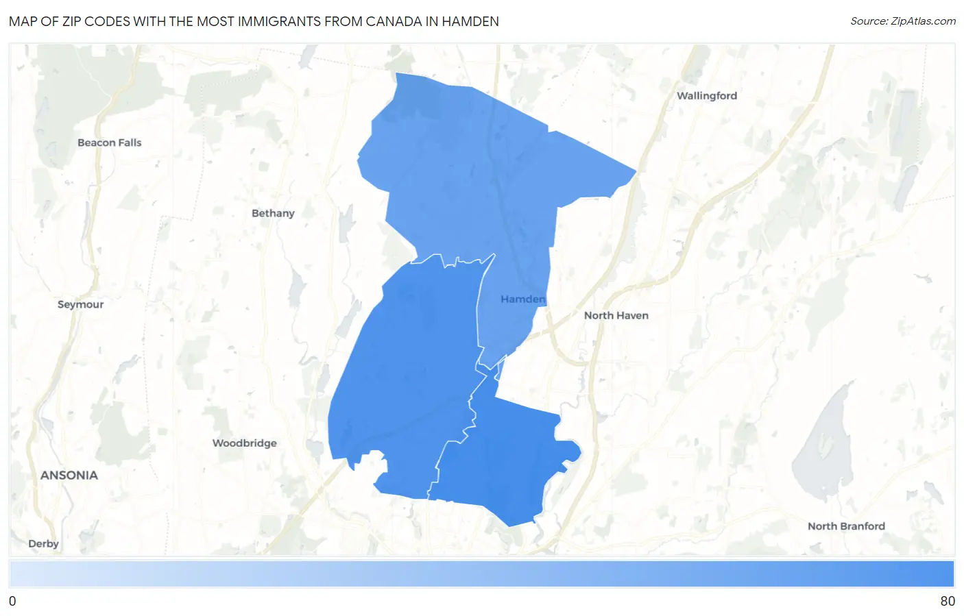 Zip Codes with the Most Immigrants from Canada in Hamden Map