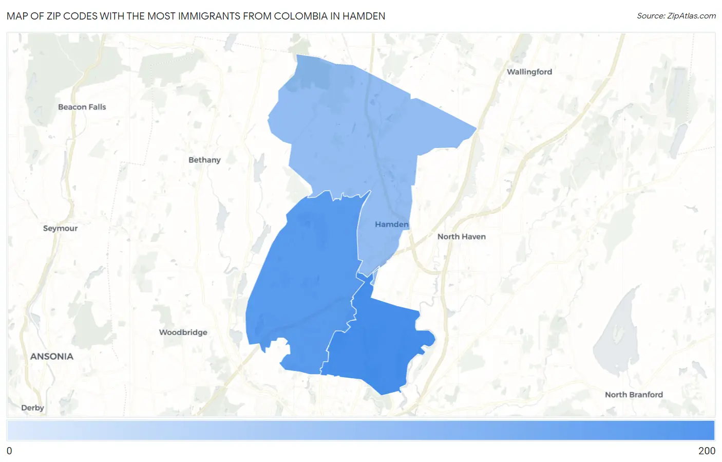 Zip Codes with the Most Immigrants from Colombia in Hamden Map