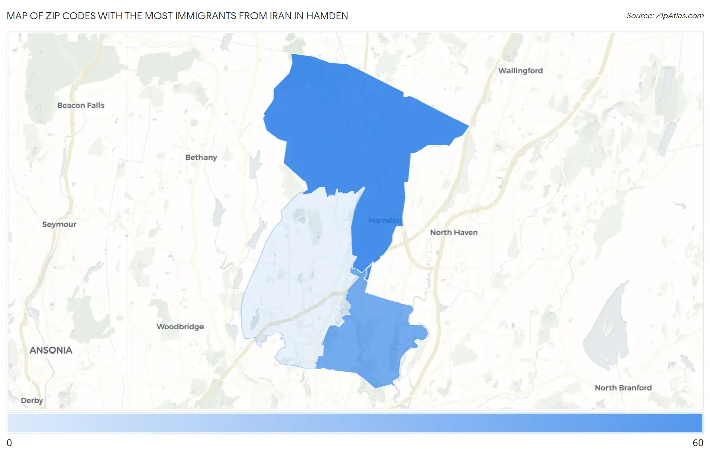 Zip Codes with the Most Immigrants from Iran in Hamden Map