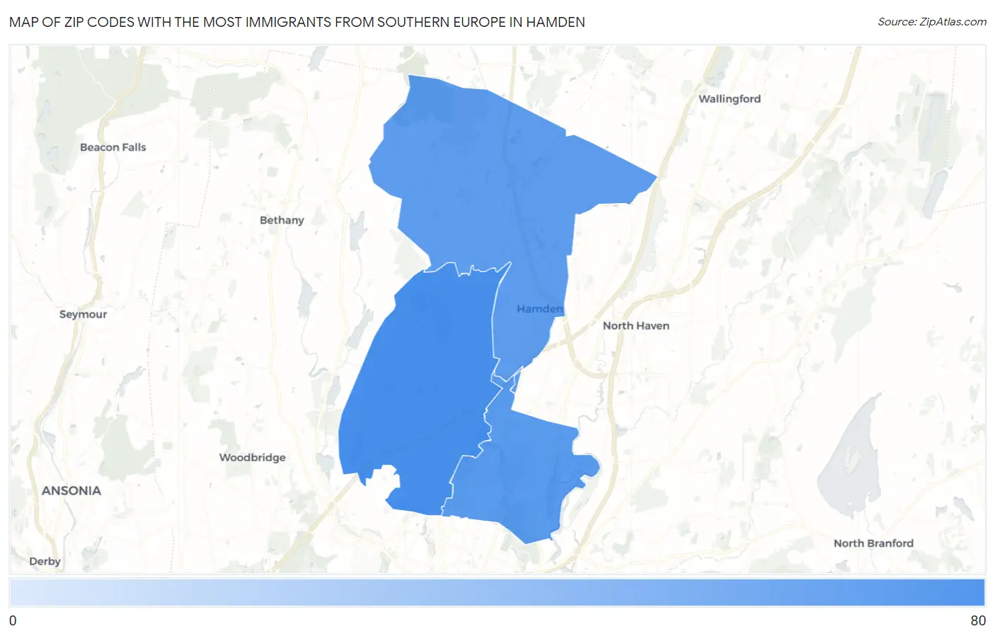 Zip Codes with the Most Immigrants from Southern Europe in Hamden Map