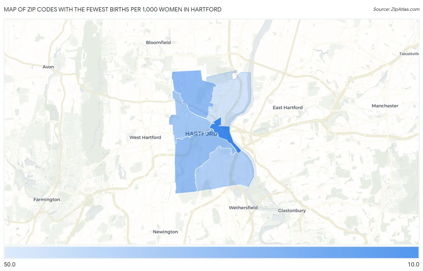 Zip Codes with the Fewest Births per 1,000 Women in Hartford Map