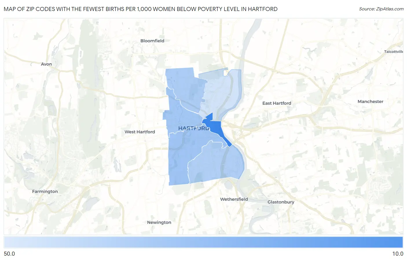 Zip Codes with the Fewest Births per 1,000 Women Below Poverty Level in Hartford Map