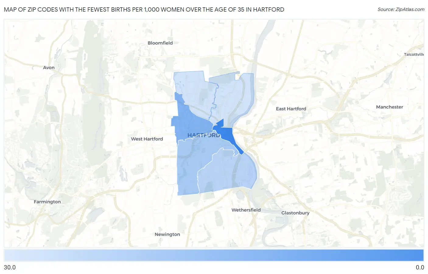 Zip Codes with the Fewest Births per 1,000 Women Over the Age of 35 in Hartford Map