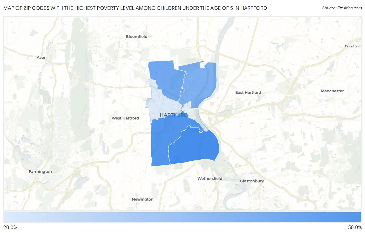 Zip Codes with the Highest Poverty Level Among Children Under the Age of 5 in Hartford Map