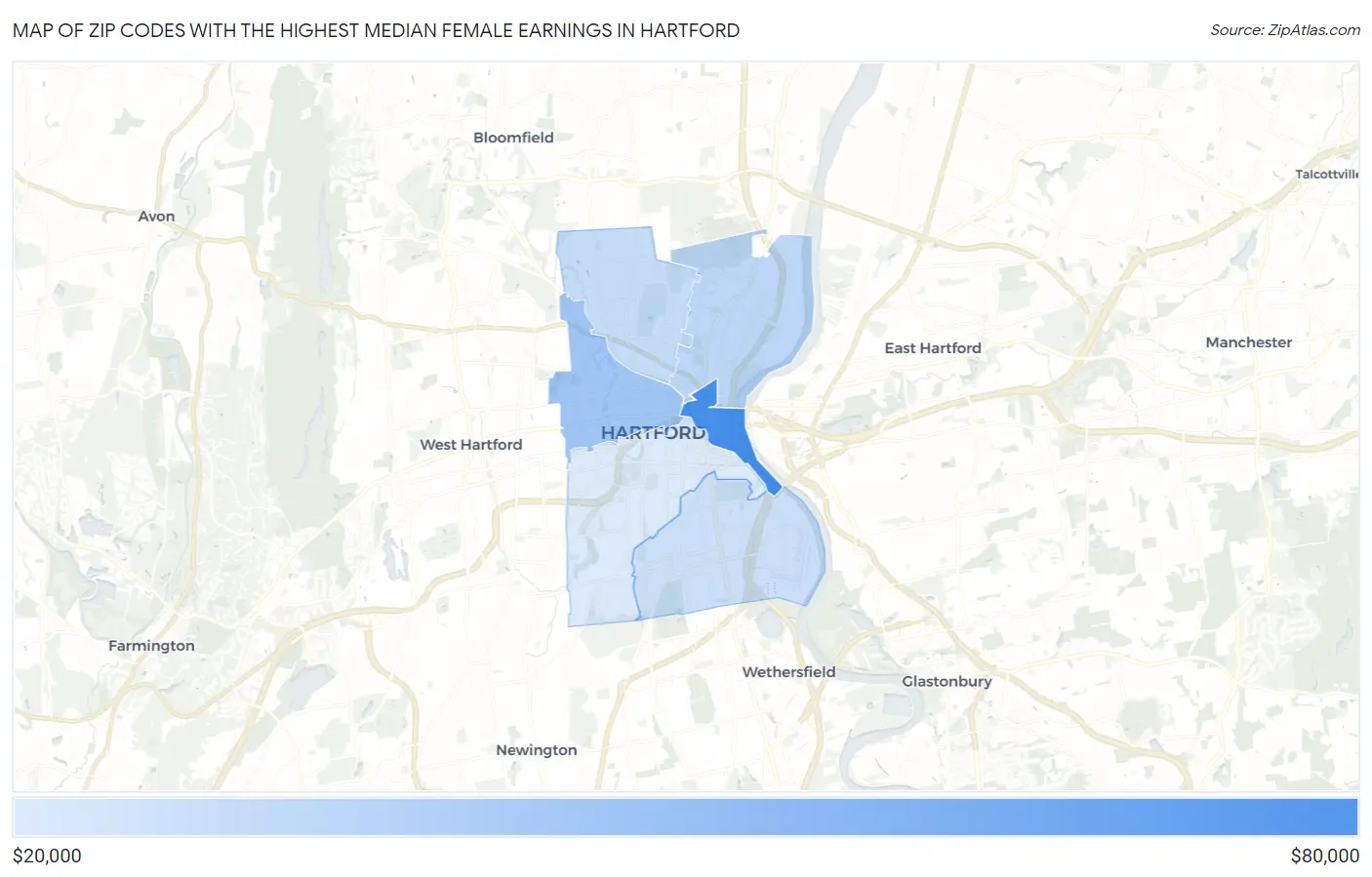 Zip Codes with the Highest Median Female Earnings in Hartford Map