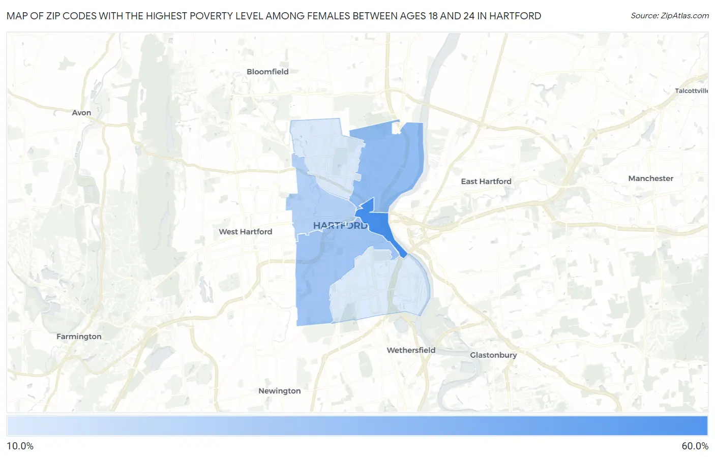 Zip Codes with the Highest Poverty Level Among Females Between Ages 18 and 24 in Hartford Map