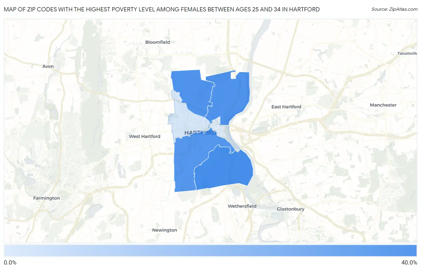Zip Codes with the Highest Poverty Level Among Females Between Ages 25 and 34 in Hartford Map