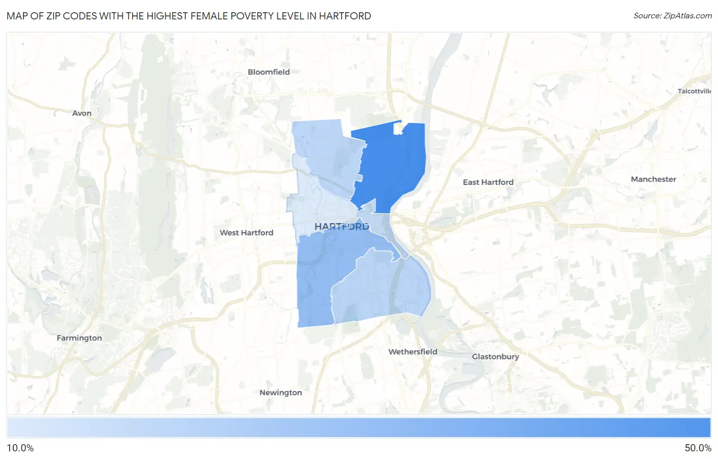 Zip Codes with the Highest Female Poverty Level in Hartford Map