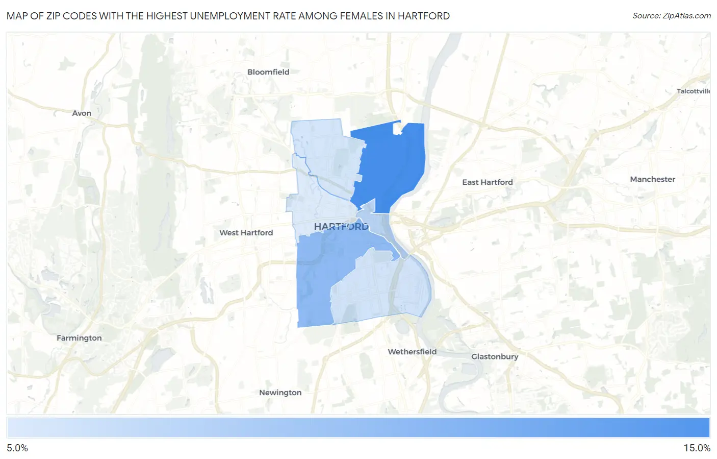 Zip Codes with the Highest Unemployment Rate Among Females in Hartford Map