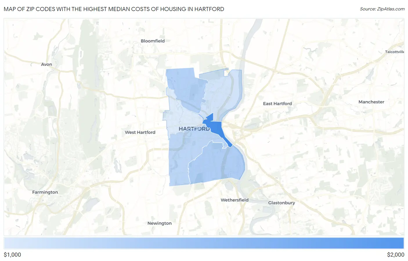 Zip Codes with the Highest Median Costs of Housing in Hartford Map