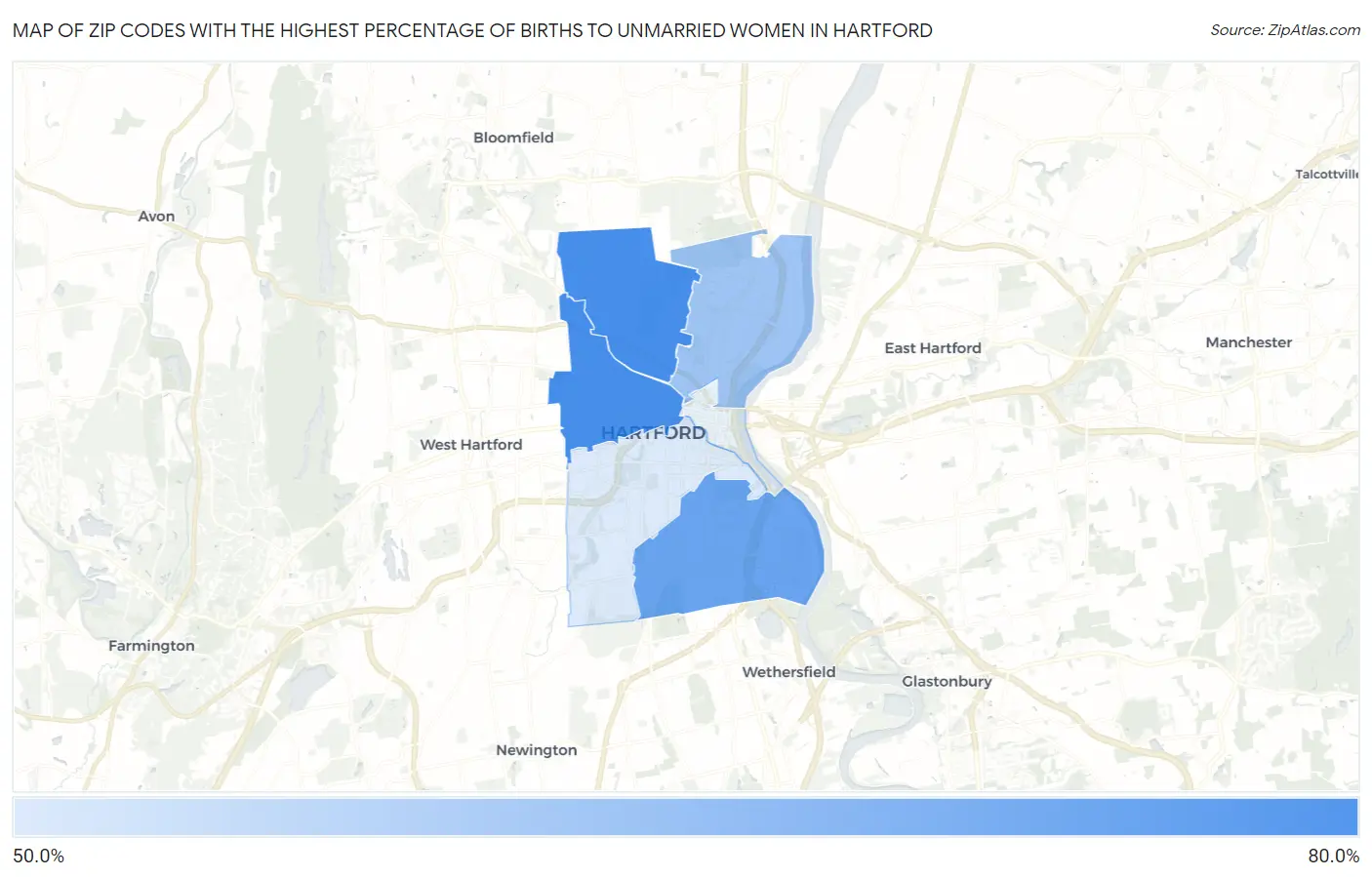 Zip Codes with the Highest Percentage of Births to Unmarried Women in Hartford Map