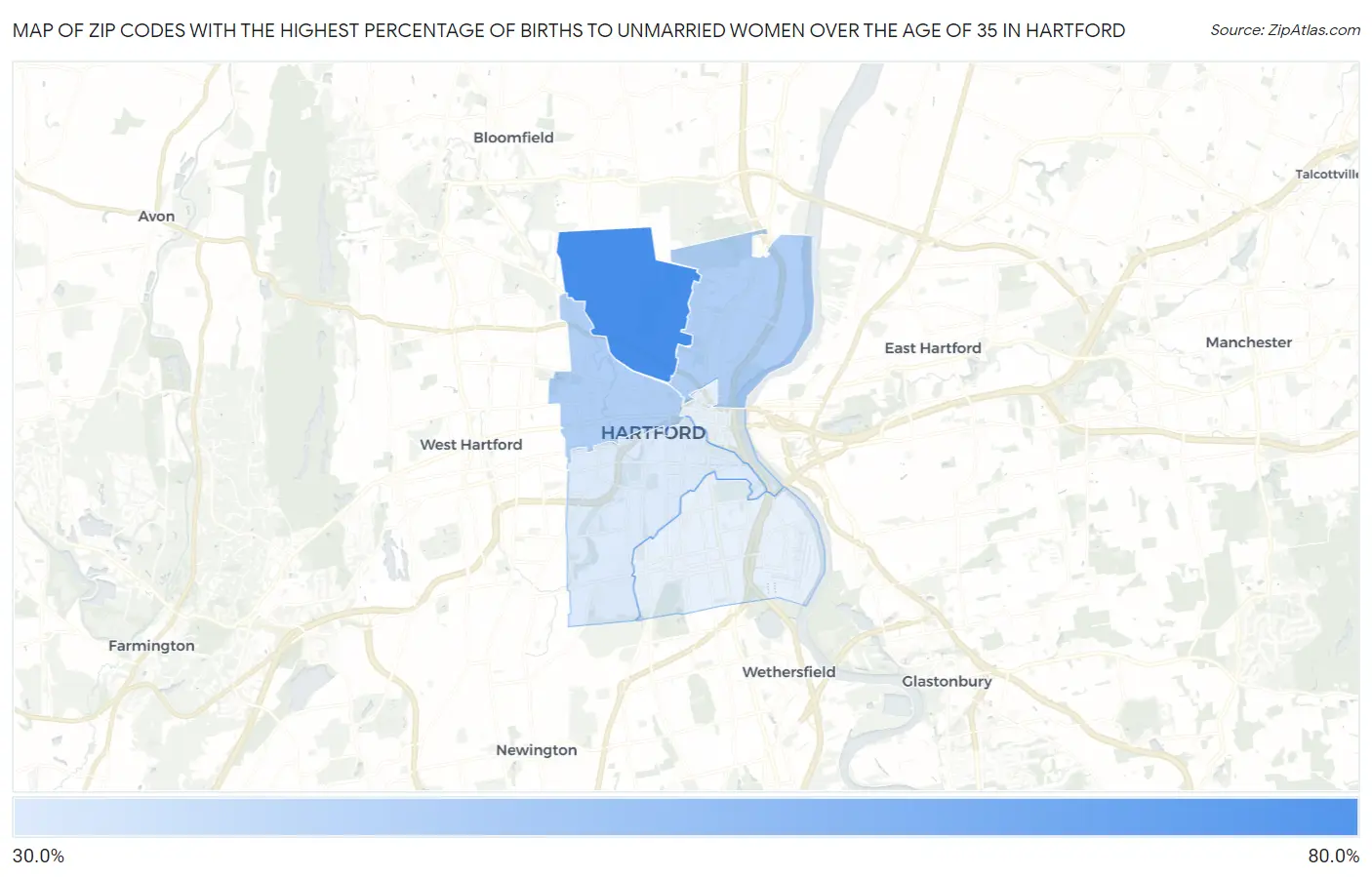 Zip Codes with the Highest Percentage of Births to Unmarried Women over the Age of 35 in Hartford Map
