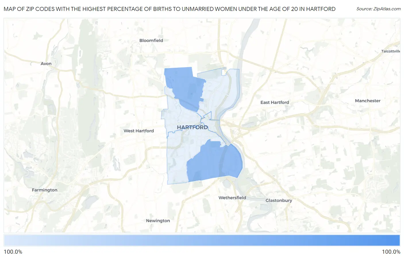 Zip Codes with the Highest Percentage of Births to Unmarried Women under the Age of 20 in Hartford Map