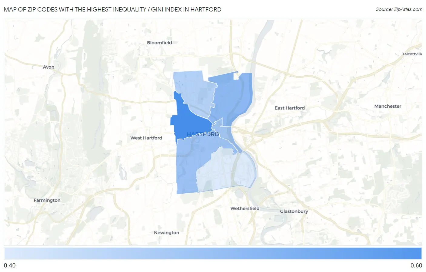 Zip Codes with the Highest Inequality / Gini Index in Hartford Map
