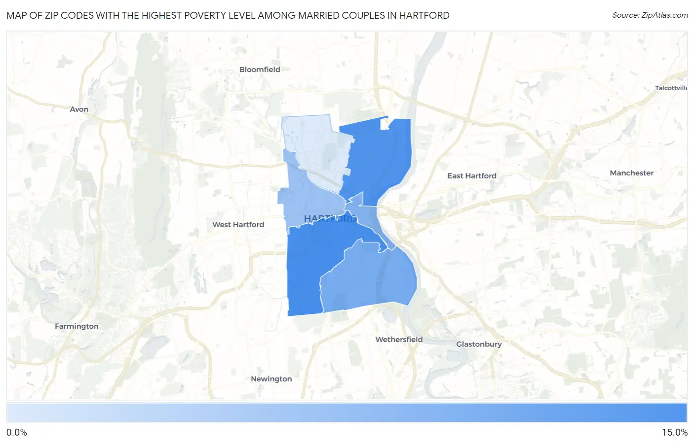 Zip Codes with the Highest Poverty Level Among Married Couples in Hartford Map