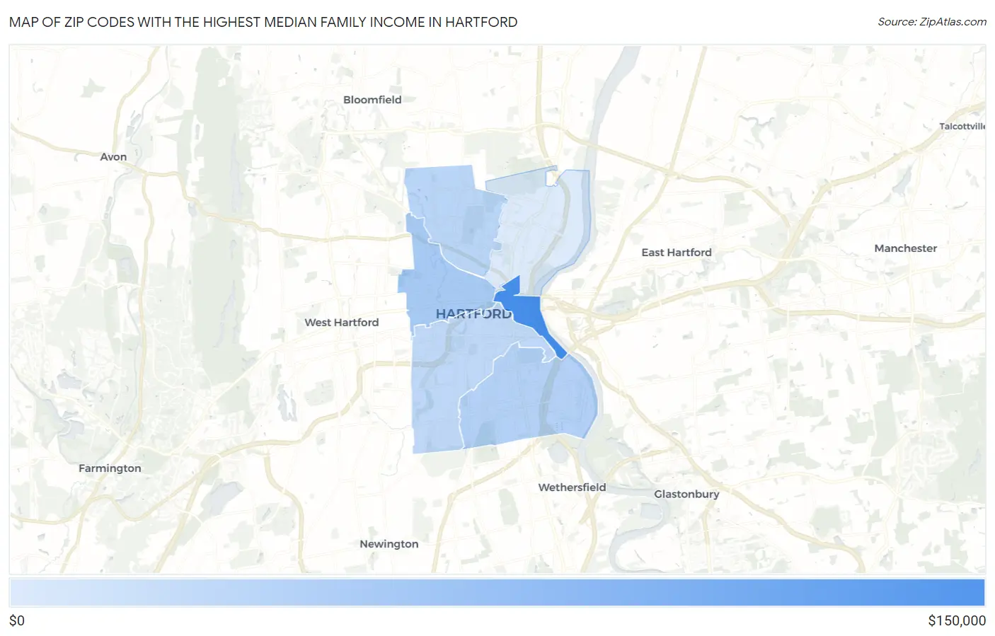 Zip Codes with the Highest Median Family Income in Hartford Map