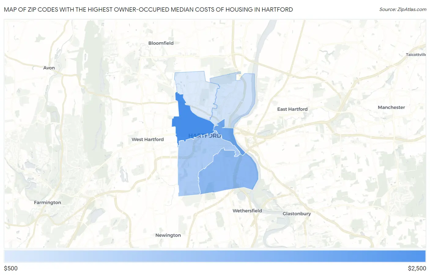 Zip Codes with the Highest Owner-Occupied Median Costs of Housing in Hartford Map