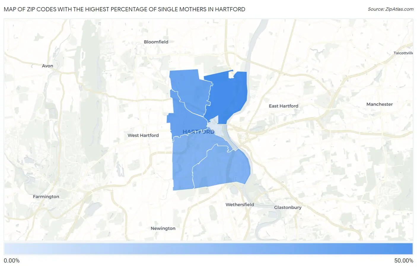 Zip Codes with the Highest Percentage of Single Mothers in Hartford Map