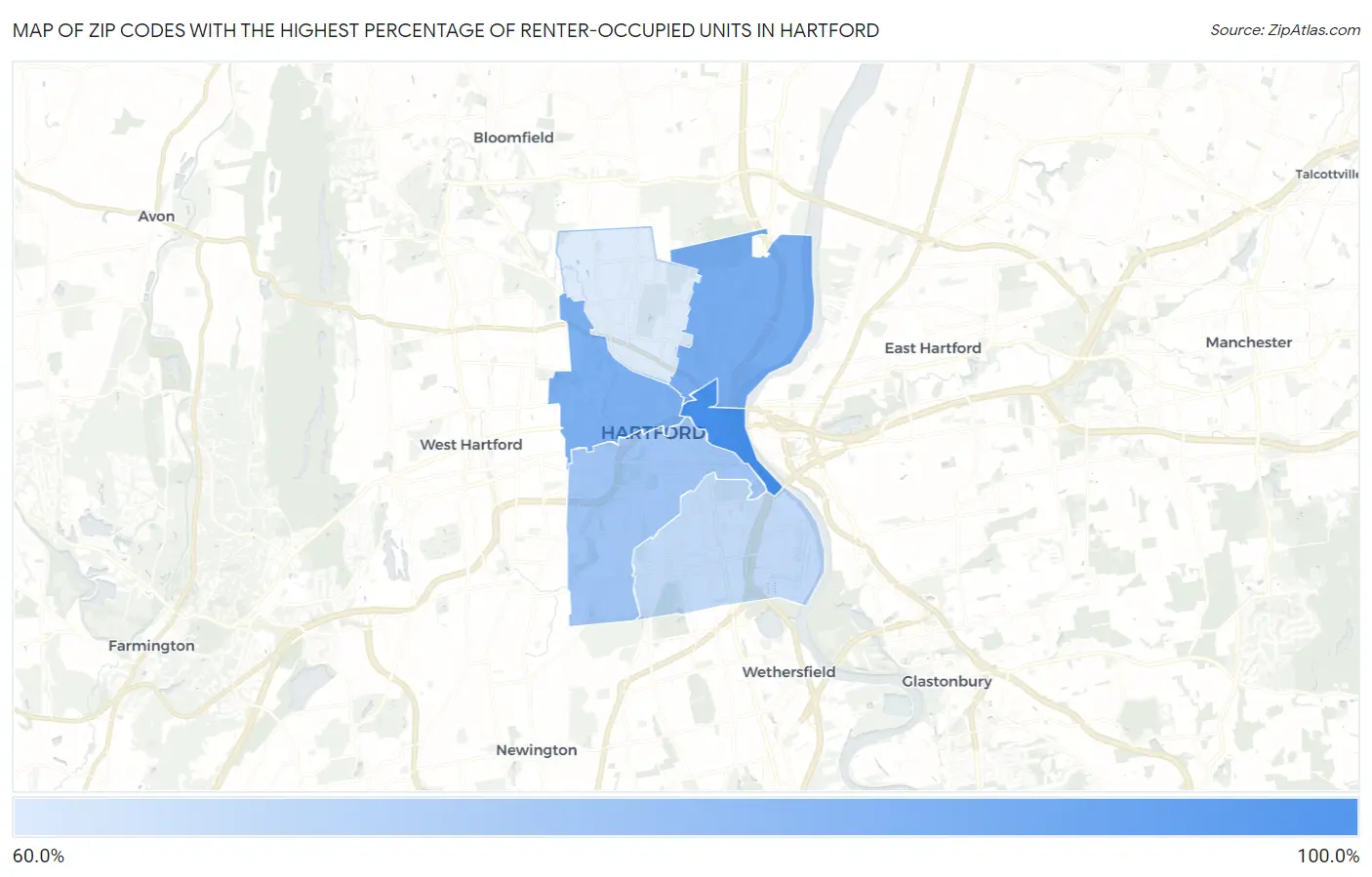 Zip Codes with the Highest Percentage of Renter-Occupied Units in Hartford Map