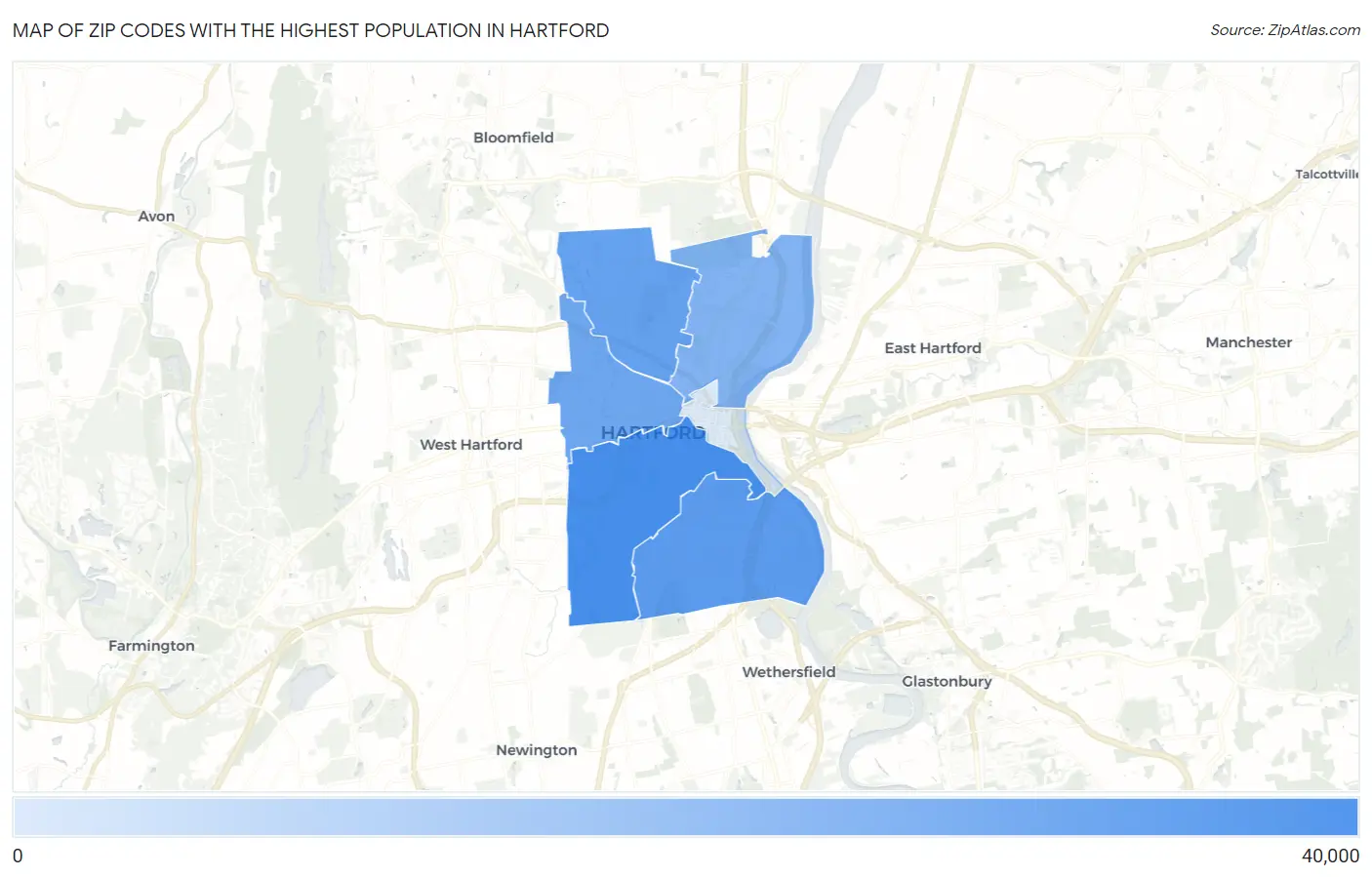 Zip Codes with the Highest Population in Hartford Map