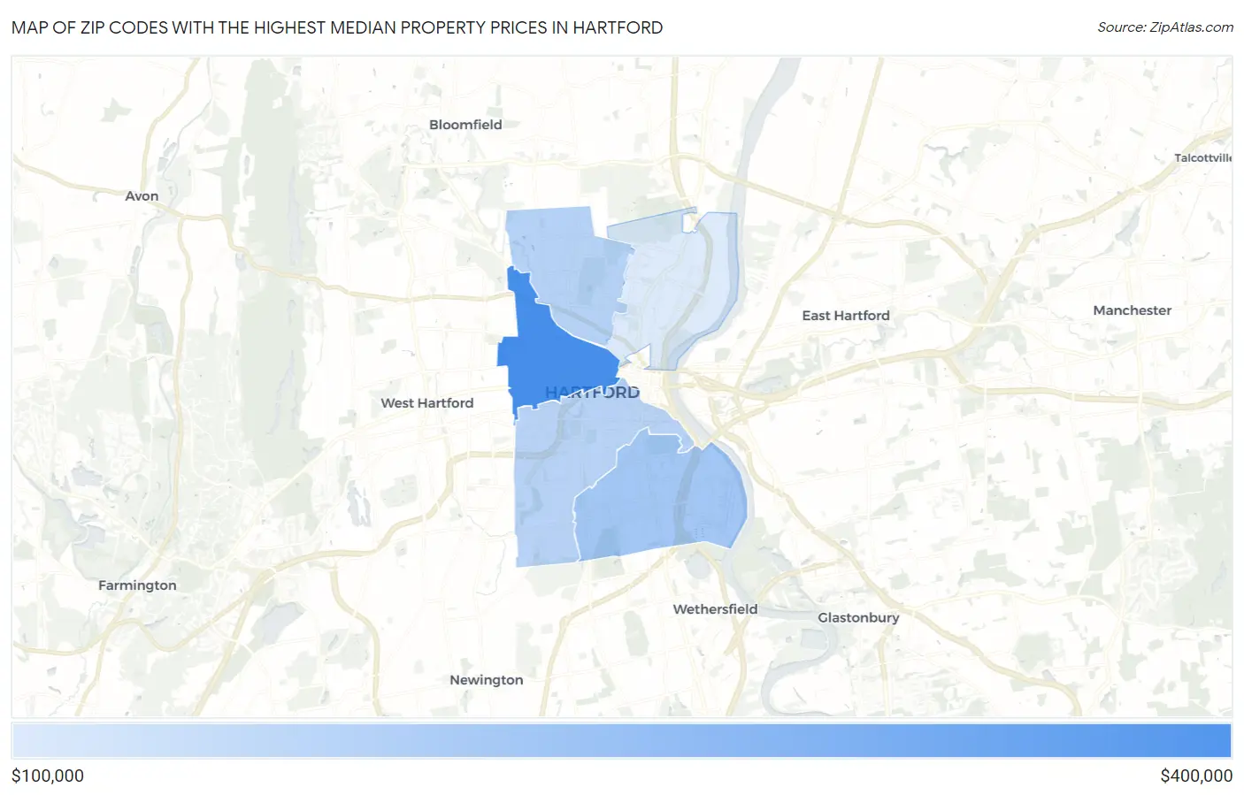 Zip Codes with the Highest Median Property Prices in Hartford Map