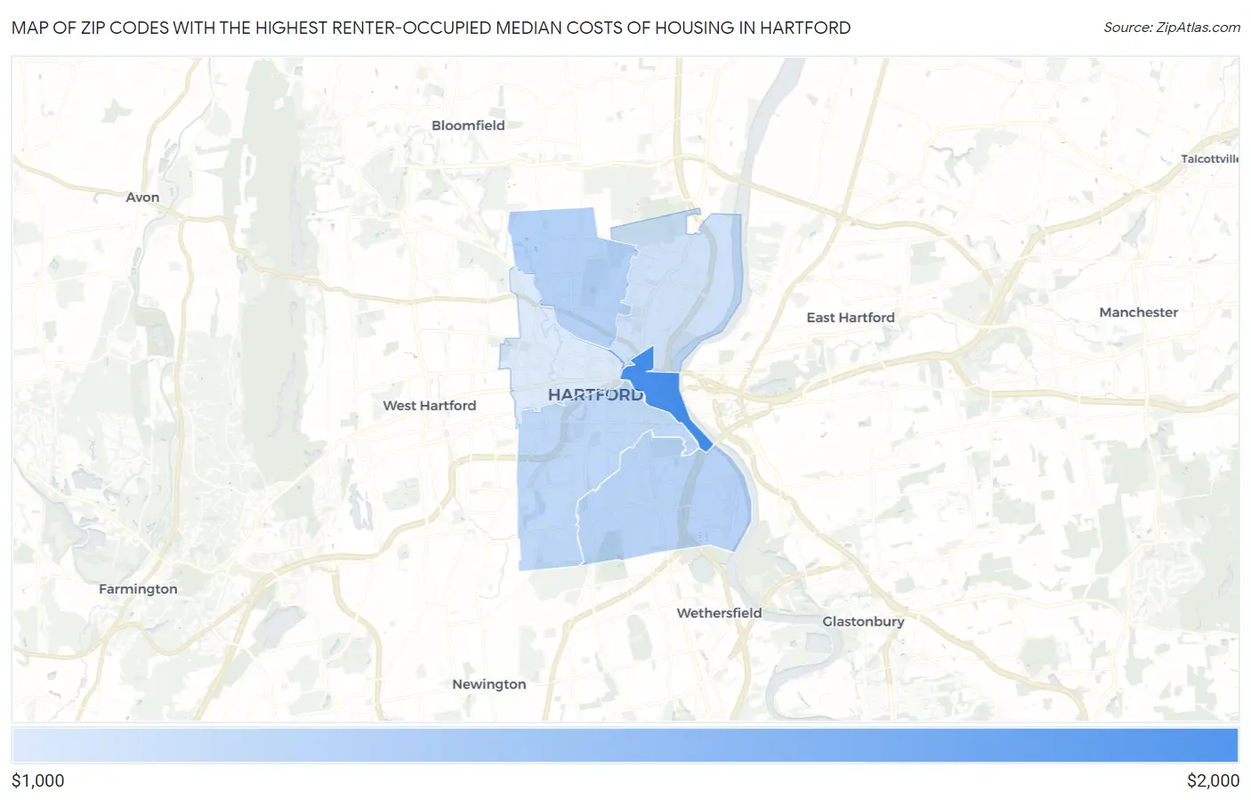 Zip Codes with the Highest Renter-Occupied Median Costs of Housing in Hartford Map
