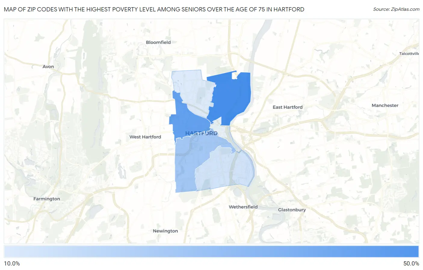 Zip Codes with the Highest Poverty Level Among Seniors Over the Age of 75 in Hartford Map
