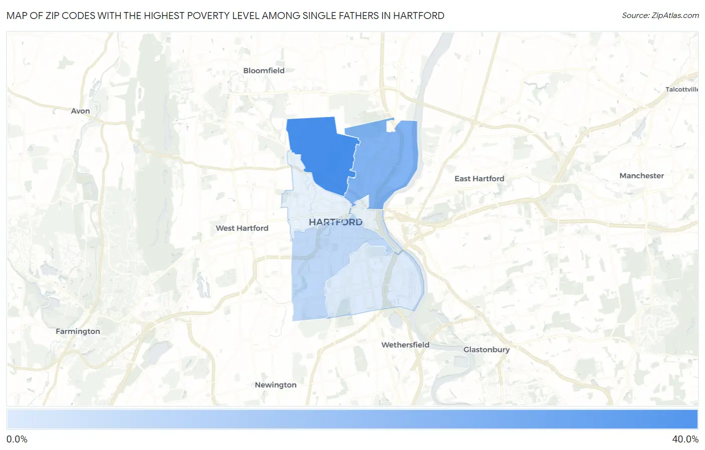 Zip Codes with the Highest Poverty Level Among Single Fathers in Hartford Map