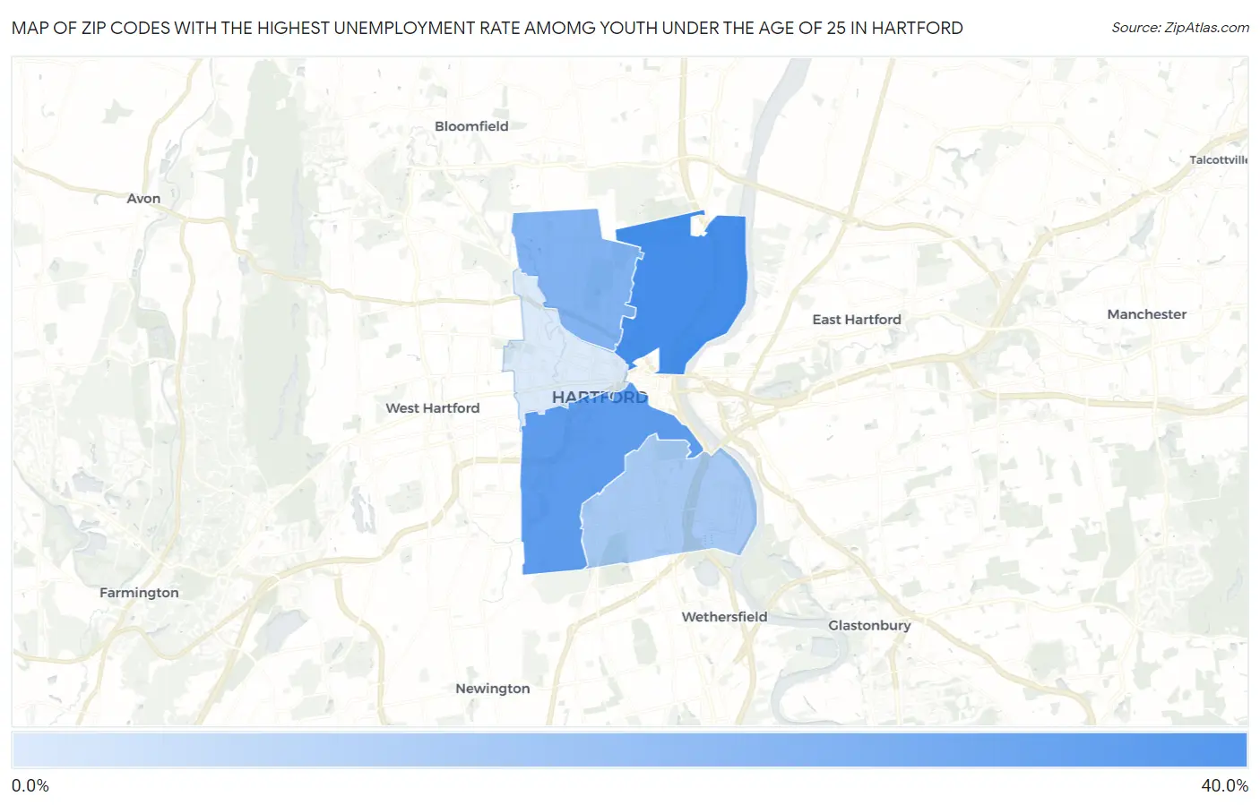 Zip Codes with the Highest Unemployment Rate Amomg Youth Under the Age of 25 in Hartford Map