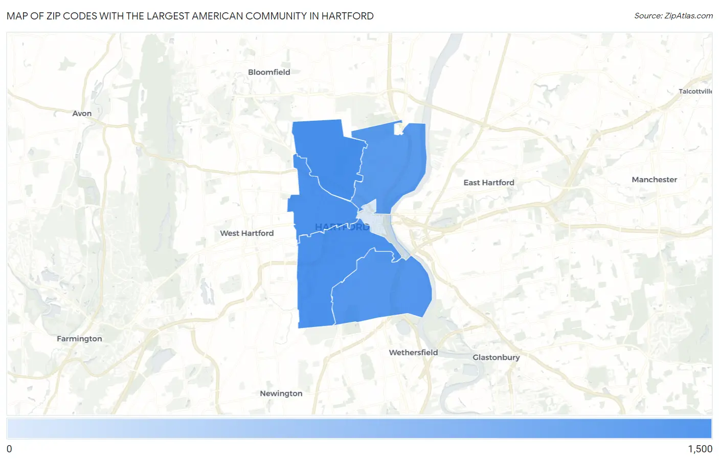 Zip Codes with the Largest American Community in Hartford Map
