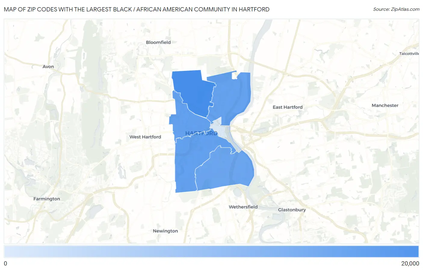 Zip Codes with the Largest Black / African American Community in Hartford Map
