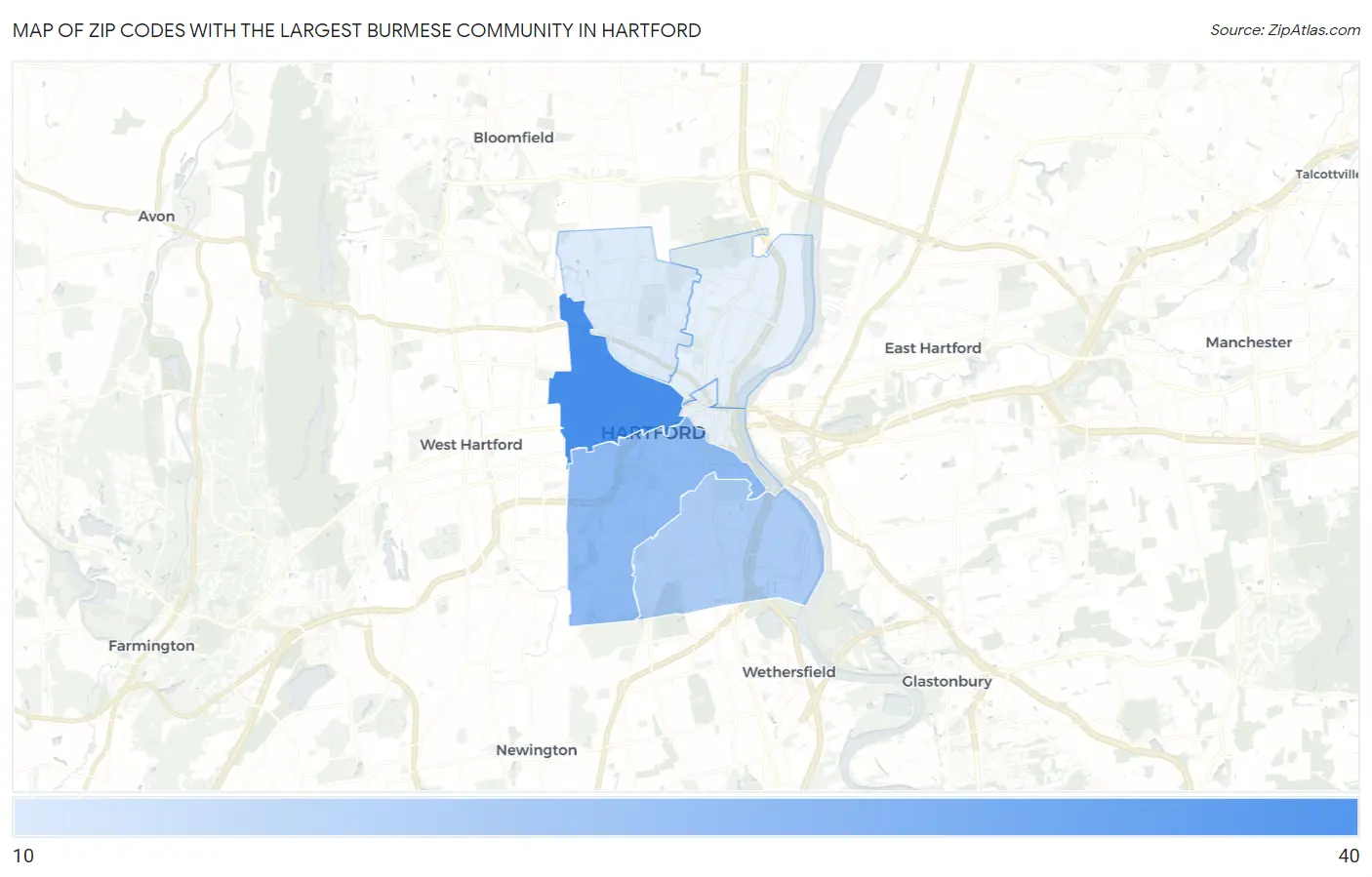 Zip Codes with the Largest Burmese Community in Hartford Map