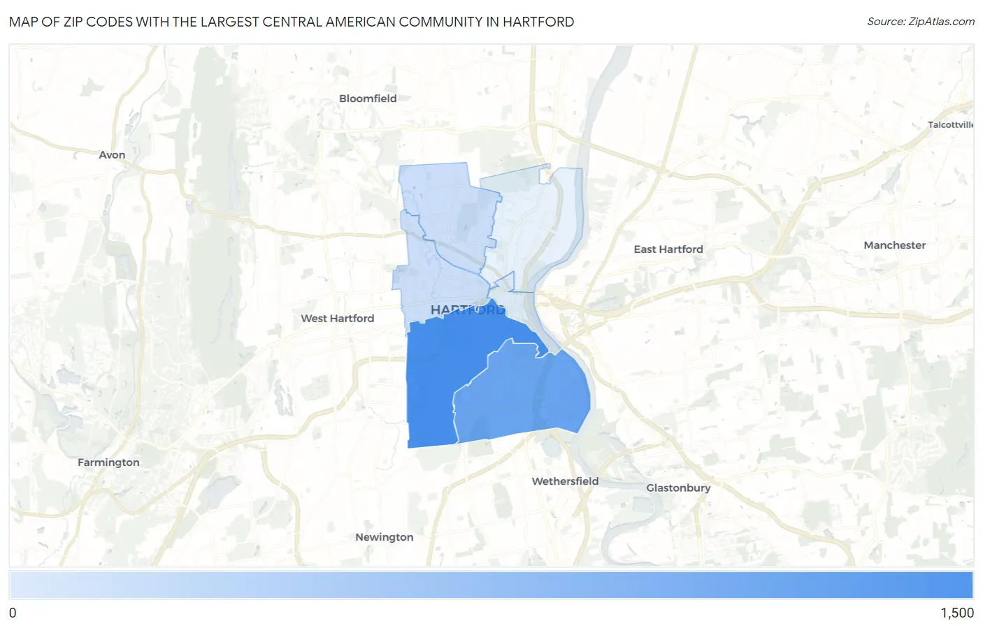 Zip Codes with the Largest Central American Community in Hartford Map