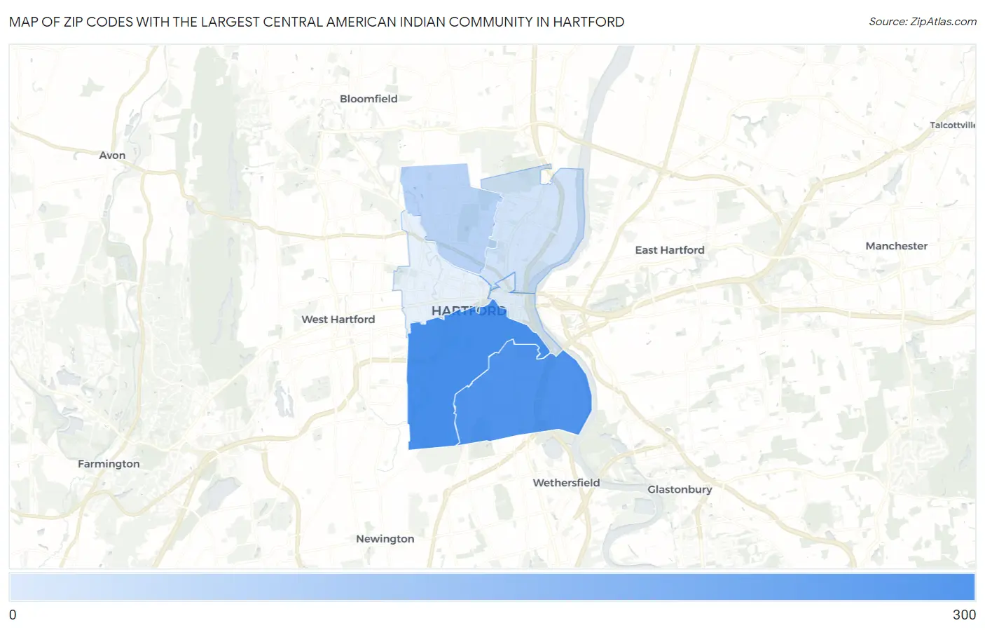 Zip Codes with the Largest Central American Indian Community in Hartford Map