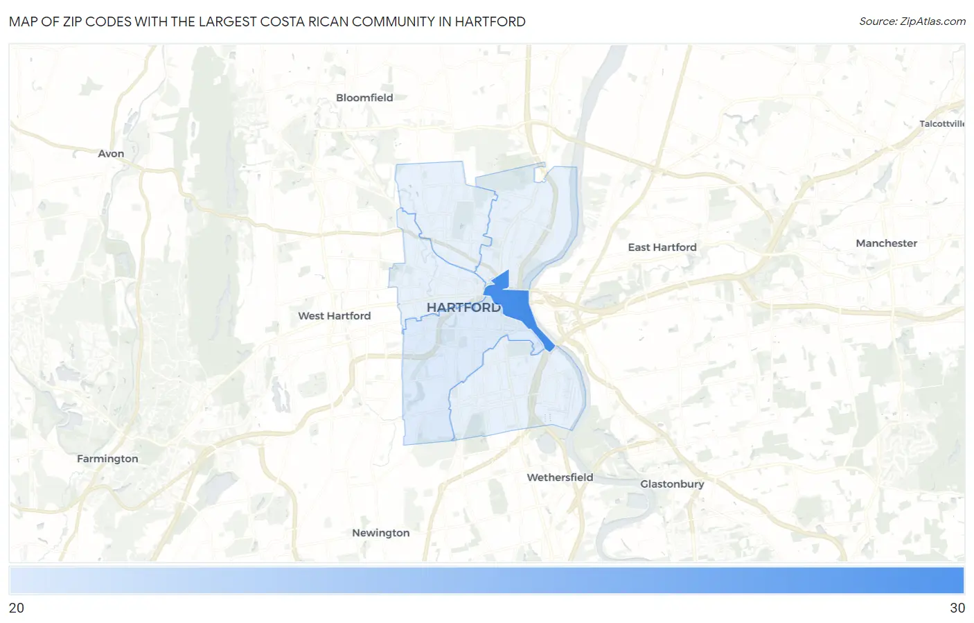 Zip Codes with the Largest Costa Rican Community in Hartford Map