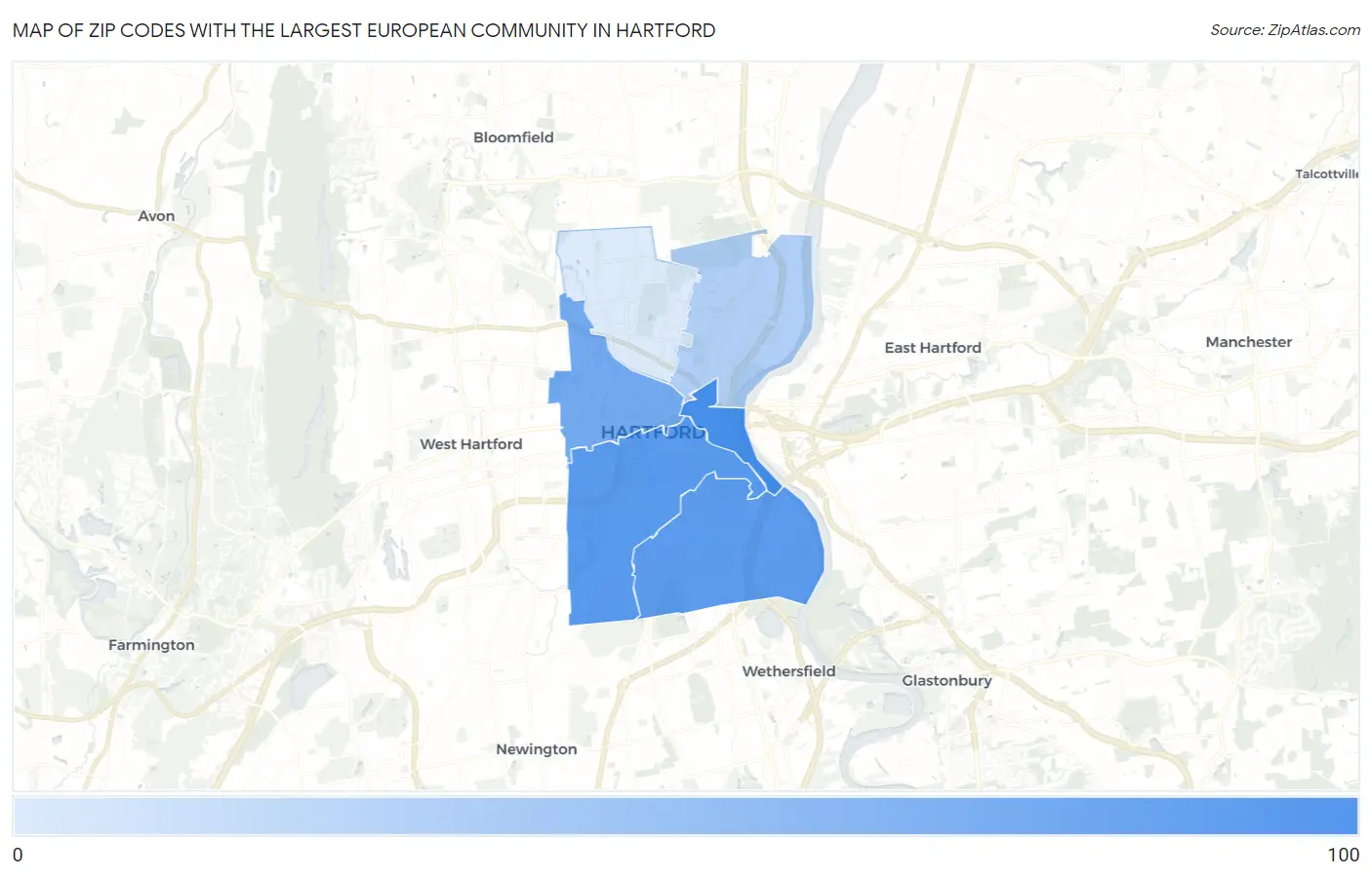 Zip Codes with the Largest European Community in Hartford Map