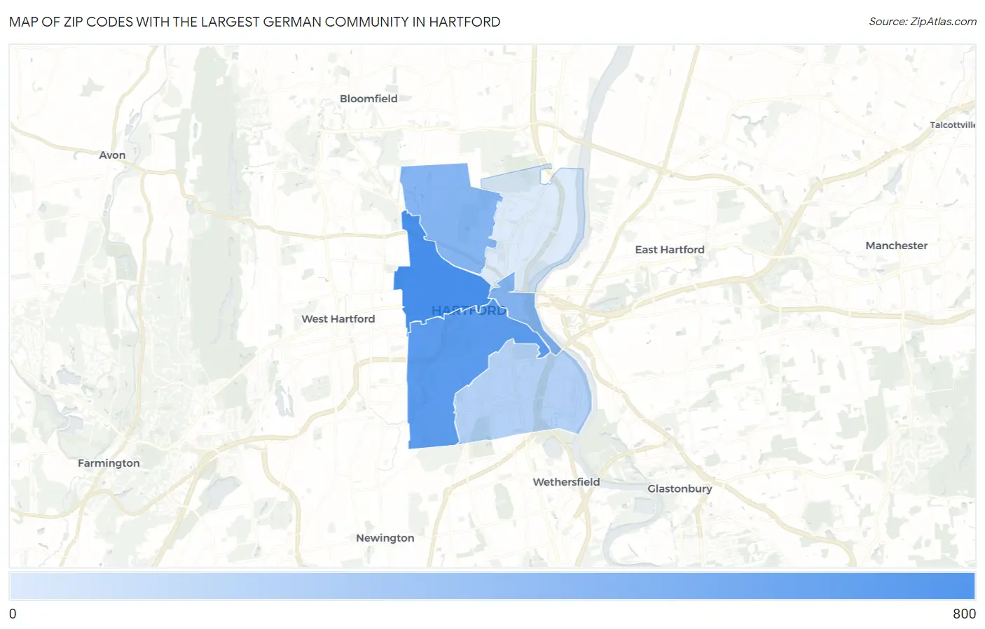 Zip Codes with the Largest German Community in Hartford Map