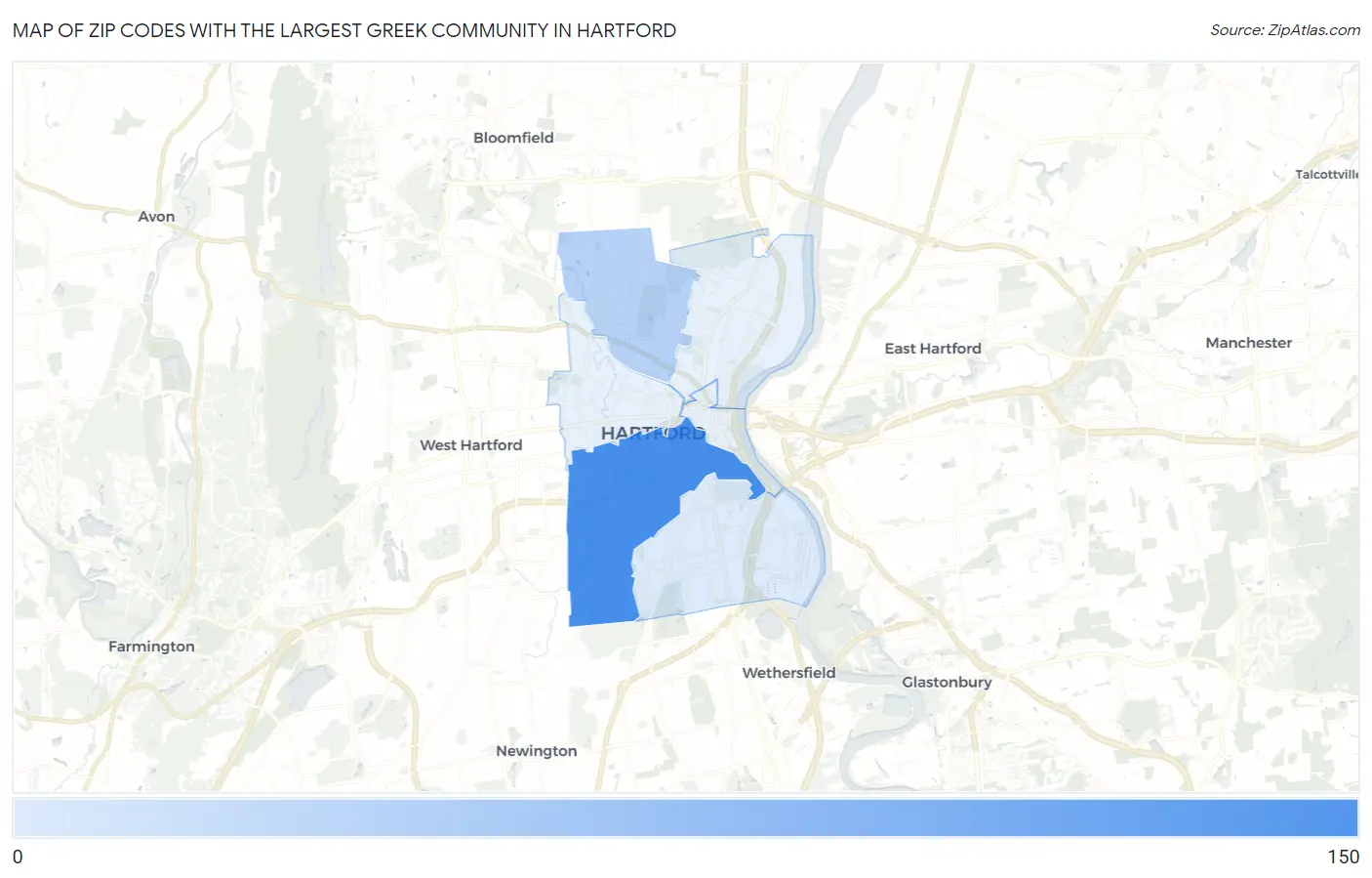 Zip Codes with the Largest Greek Community in Hartford Map