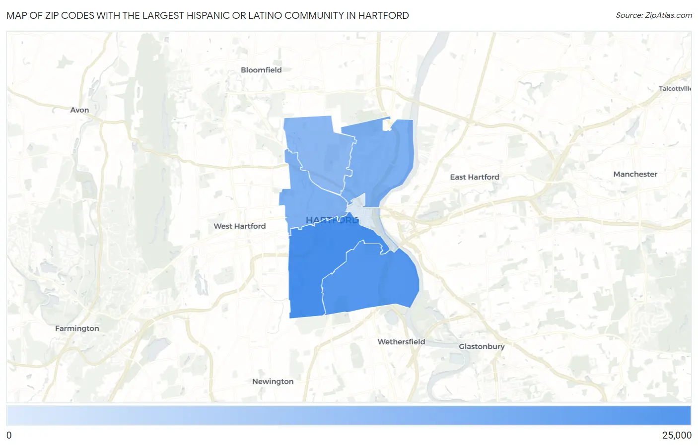 Zip Codes with the Largest Hispanic or Latino Community in Hartford Map