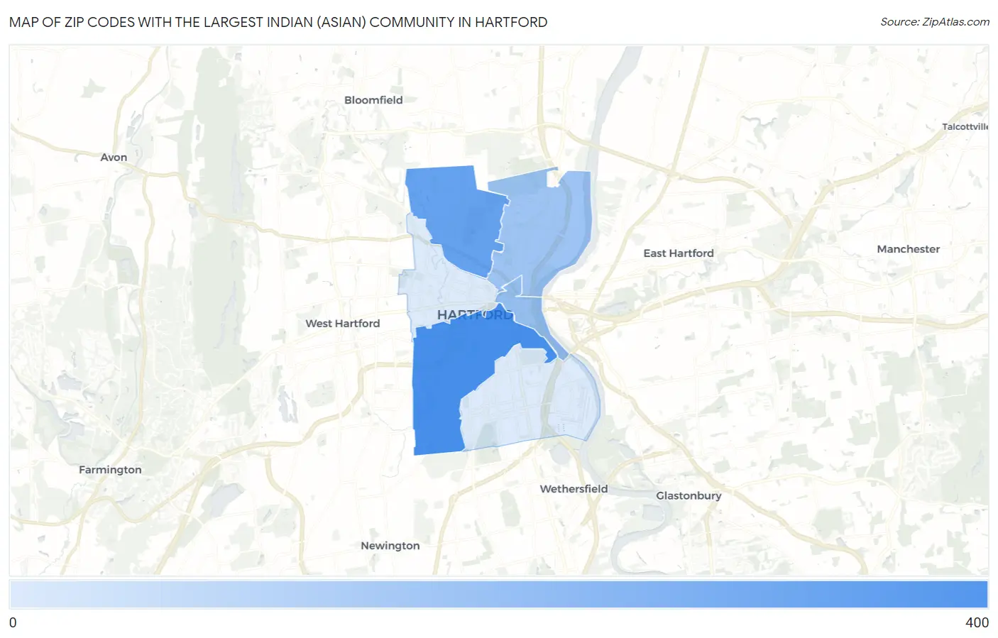 Zip Codes with the Largest Indian (Asian) Community in Hartford Map
