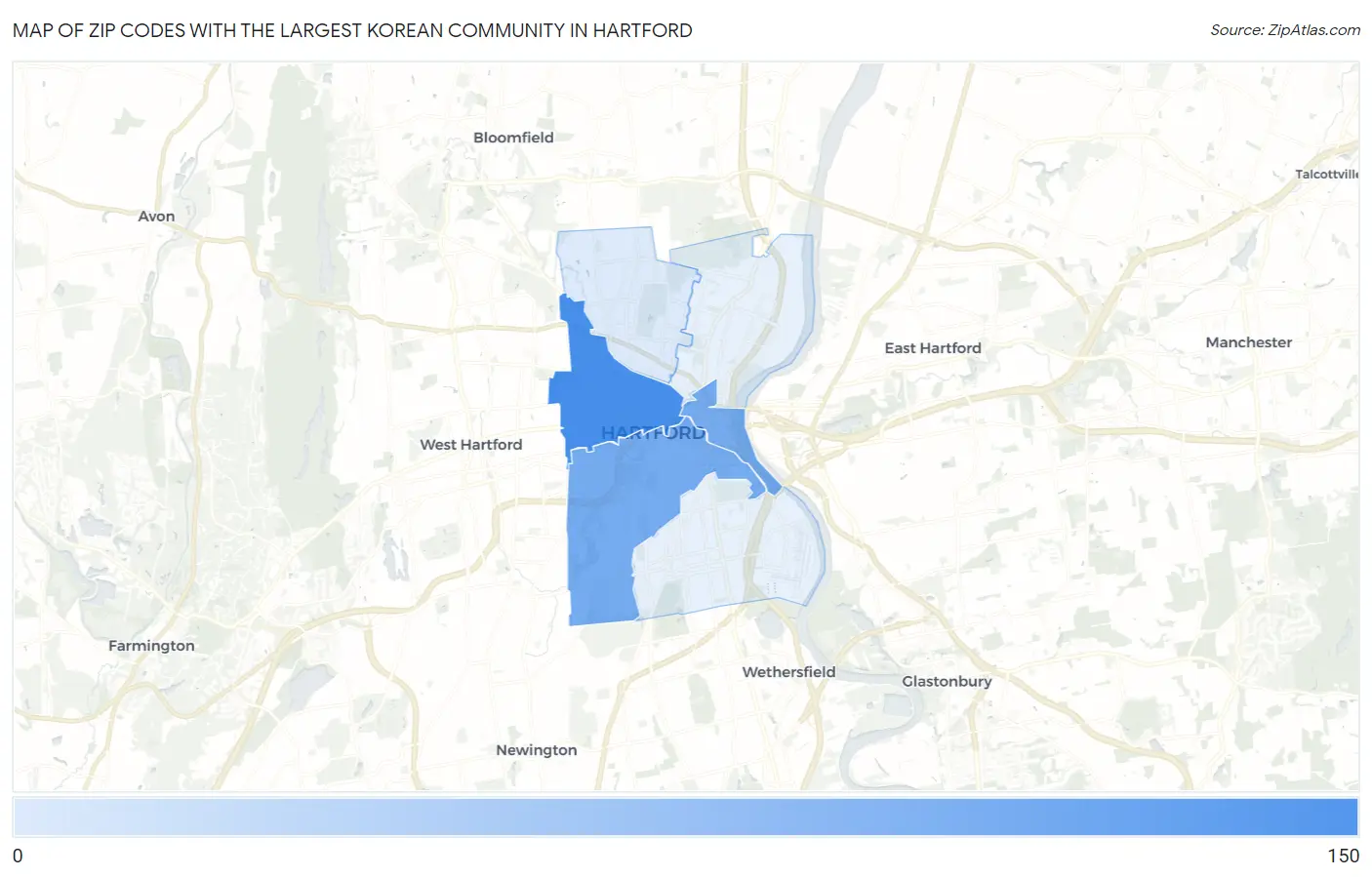 Zip Codes with the Largest Korean Community in Hartford Map