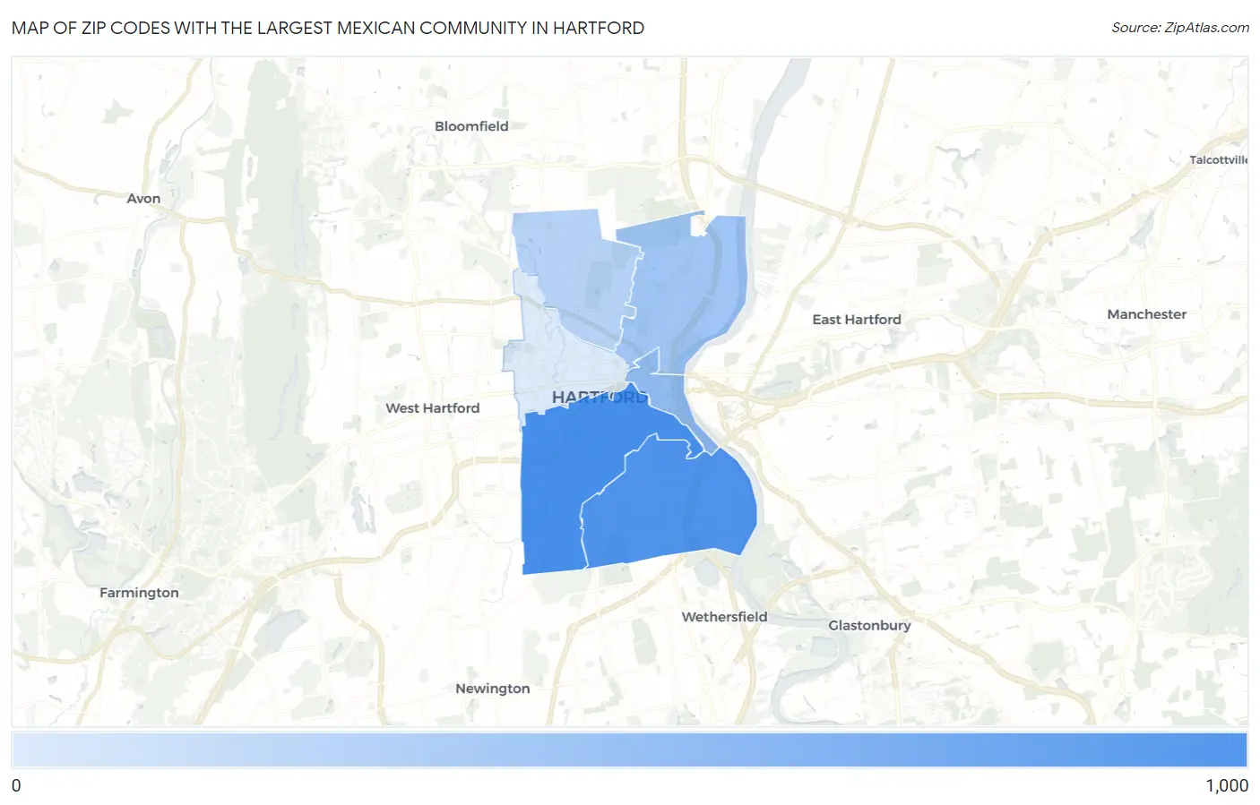 Zip Codes with the Largest Mexican Community in Hartford Map