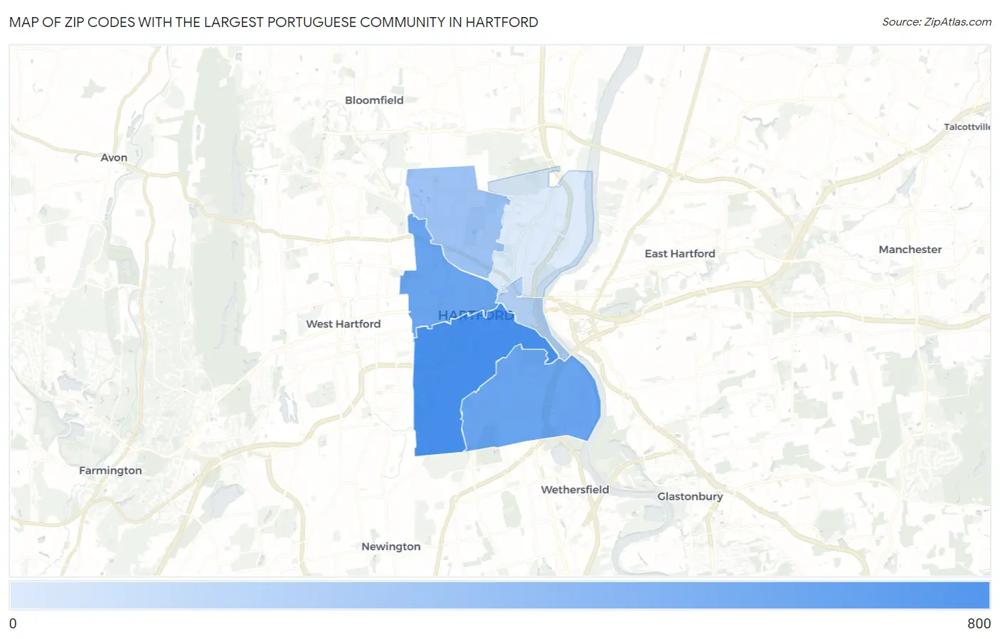 Zip Codes with the Largest Portuguese Community in Hartford Map