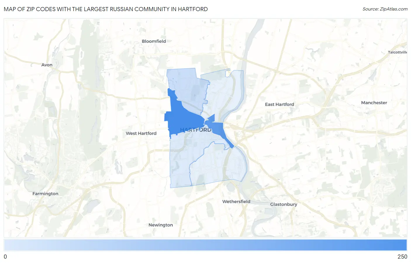 Zip Codes with the Largest Russian Community in Hartford Map