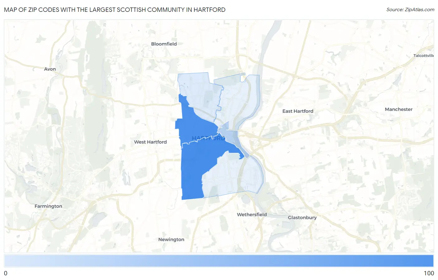 Zip Codes with the Largest Scottish Community in Hartford Map