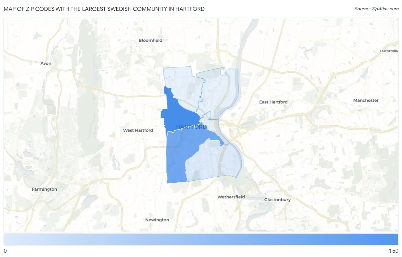 Zip Codes with the Largest Swedish Community in Hartford Map