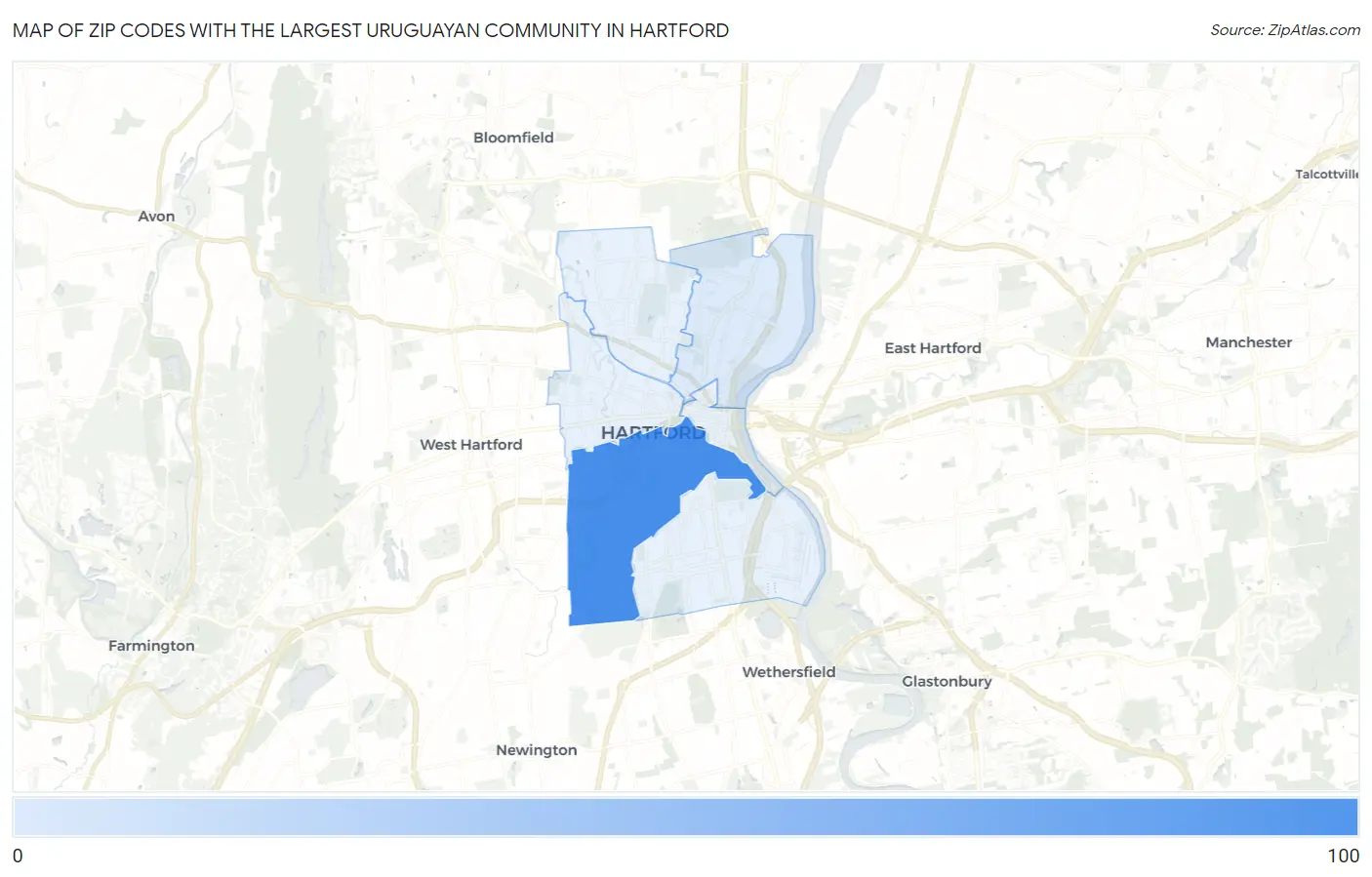 Zip Codes with the Largest Uruguayan Community in Hartford Map