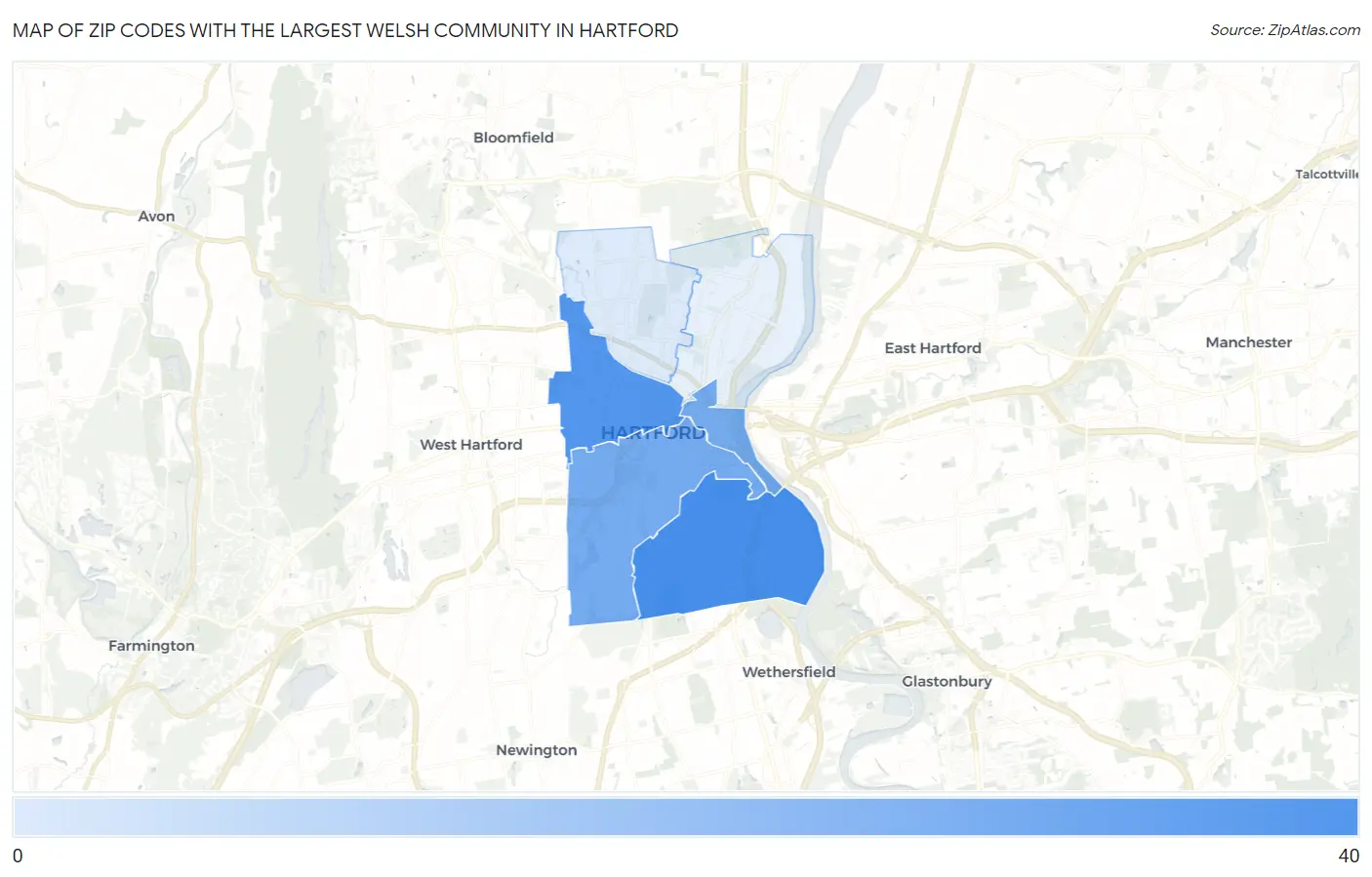 Zip Codes with the Largest Welsh Community in Hartford Map