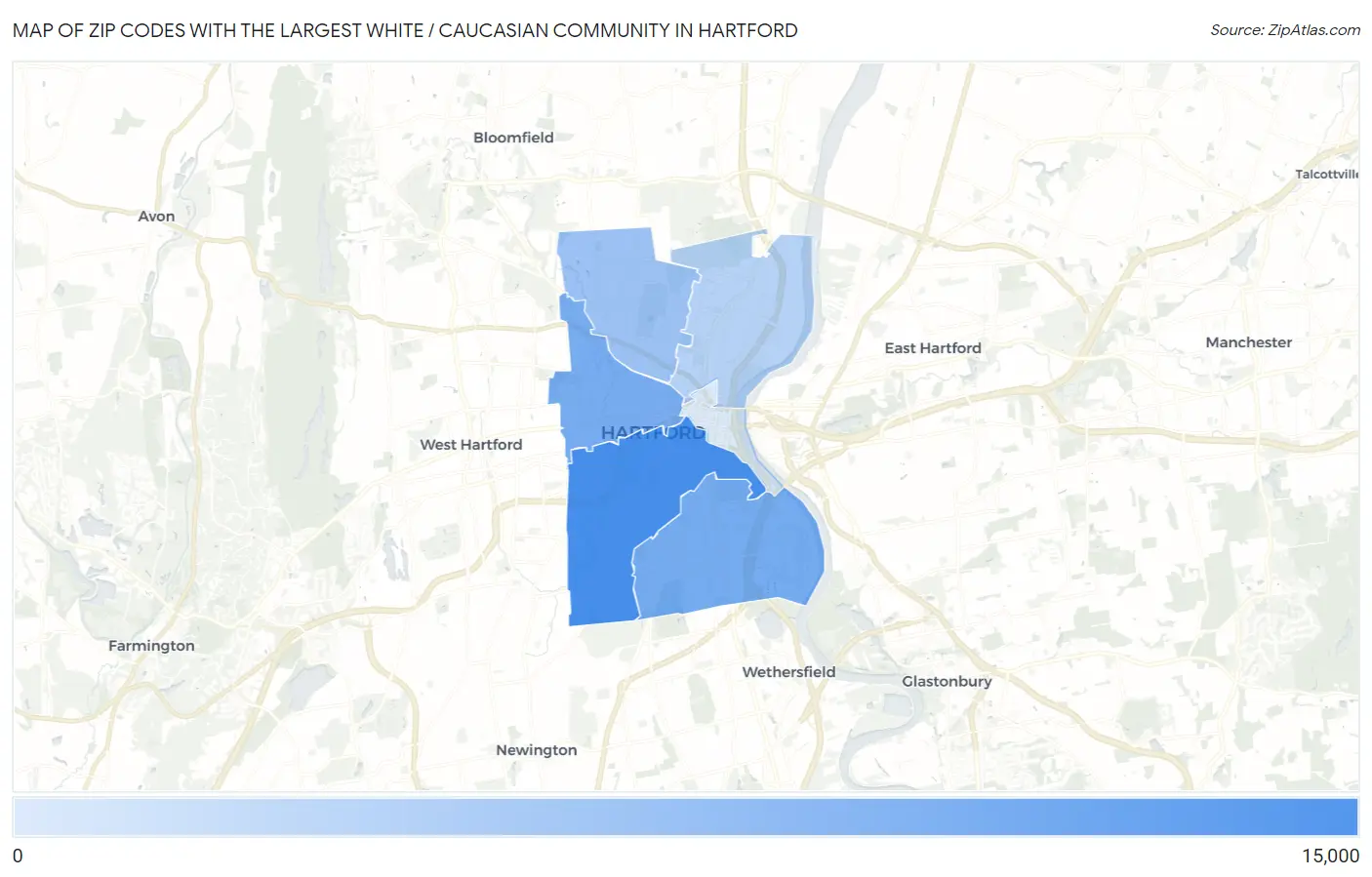 Zip Codes with the Largest White / Caucasian Community in Hartford Map