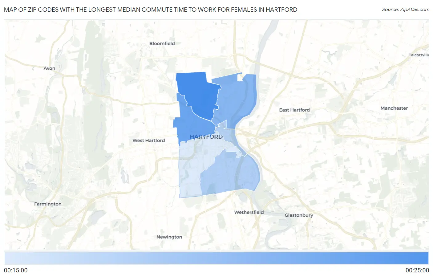 Zip Codes with the Longest Median Commute Time to Work for Females in Hartford Map